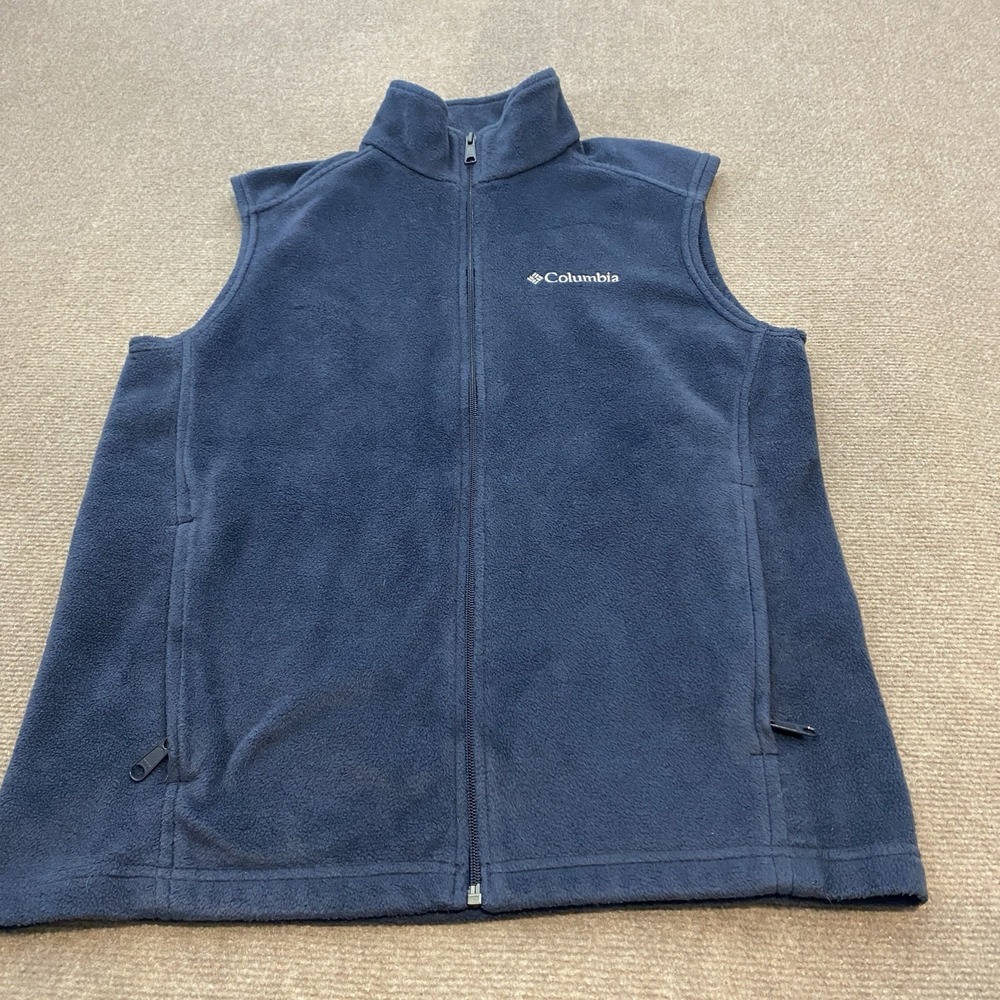Columbia Fleece Vest Jacket Mens Small Blue Sleeveless Full Zip Mock Neck